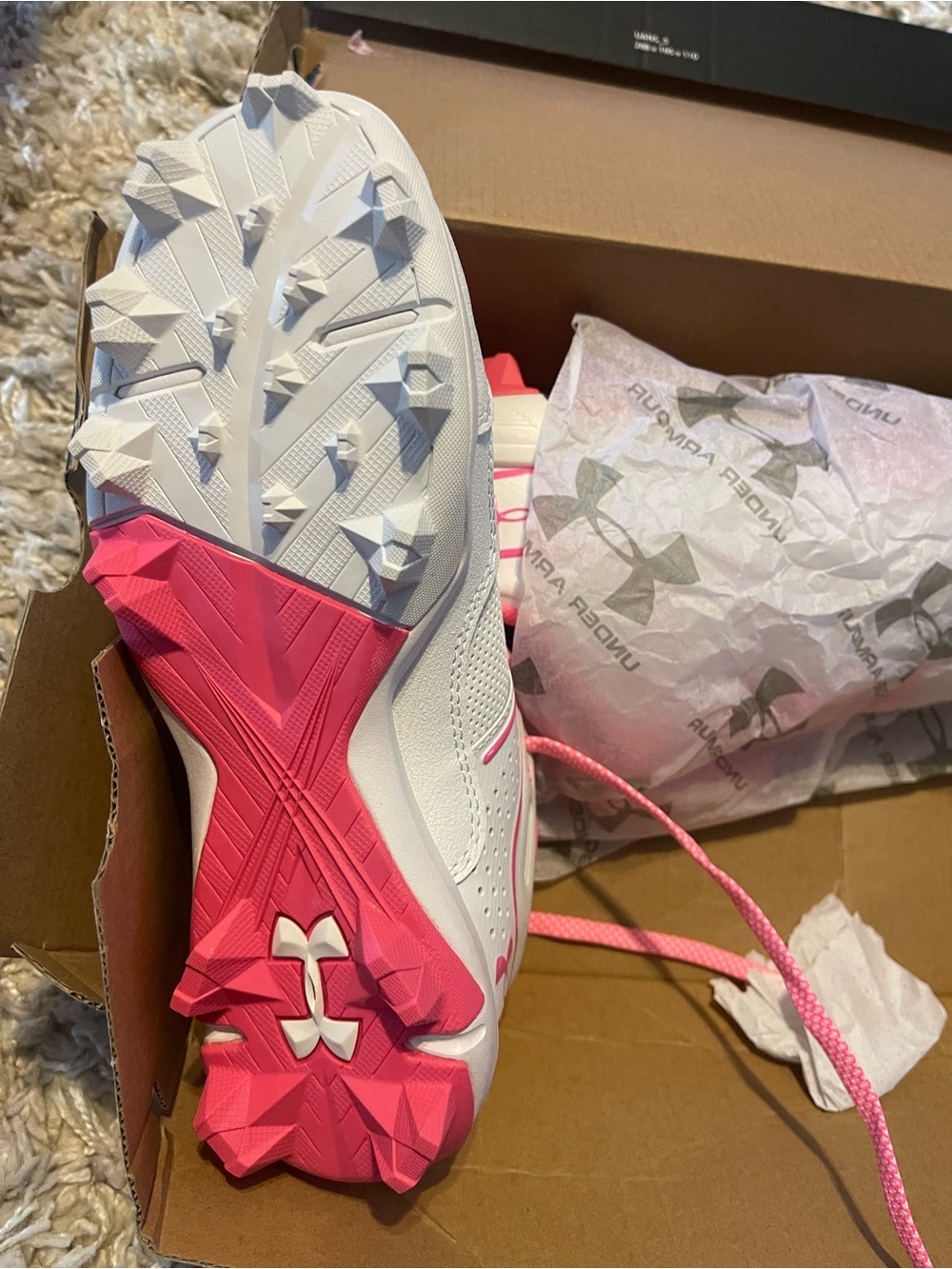 Under Armour White and Pink Kids' Cleats - Picture 2 of 5